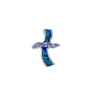 Vintage Sterling Silver 925 with Blue Opal Inlay and CZ Accent Cross Pendant